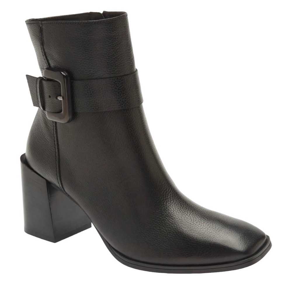 Paul Green Nirvana Black Leather Boots Sz 9.5 Square Toe Buckle Block Heel